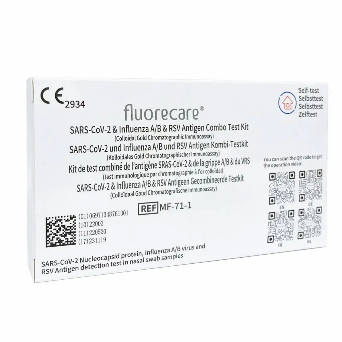 Boîte blanche "fluorecare". Kit de test combiné antigènes SARS-CoV-2, grippe A/B et VRS. Marquage CE.