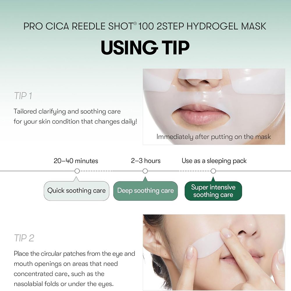 Grafiek met gebruikstips. Masker op gezicht, tijdsindicaties: 20-40 minuten, 2-3 uur, als slaappakking.