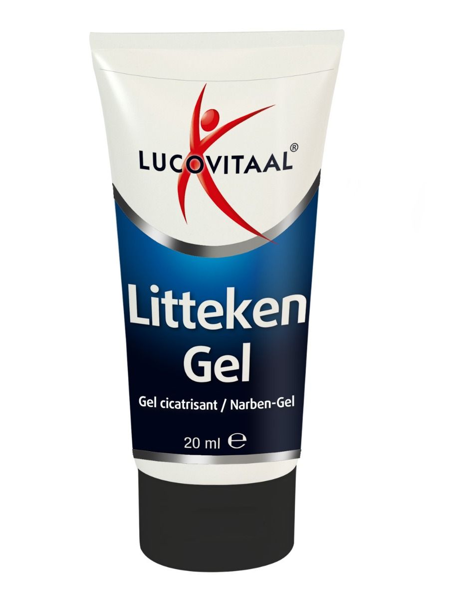 Tube de Litteken Gel. Inscription: Lucovitaal, Litteken Gel, Gel cicatrisant/Narben-Gel. Contient 20 ml. Tube blanc avec bande bleue.