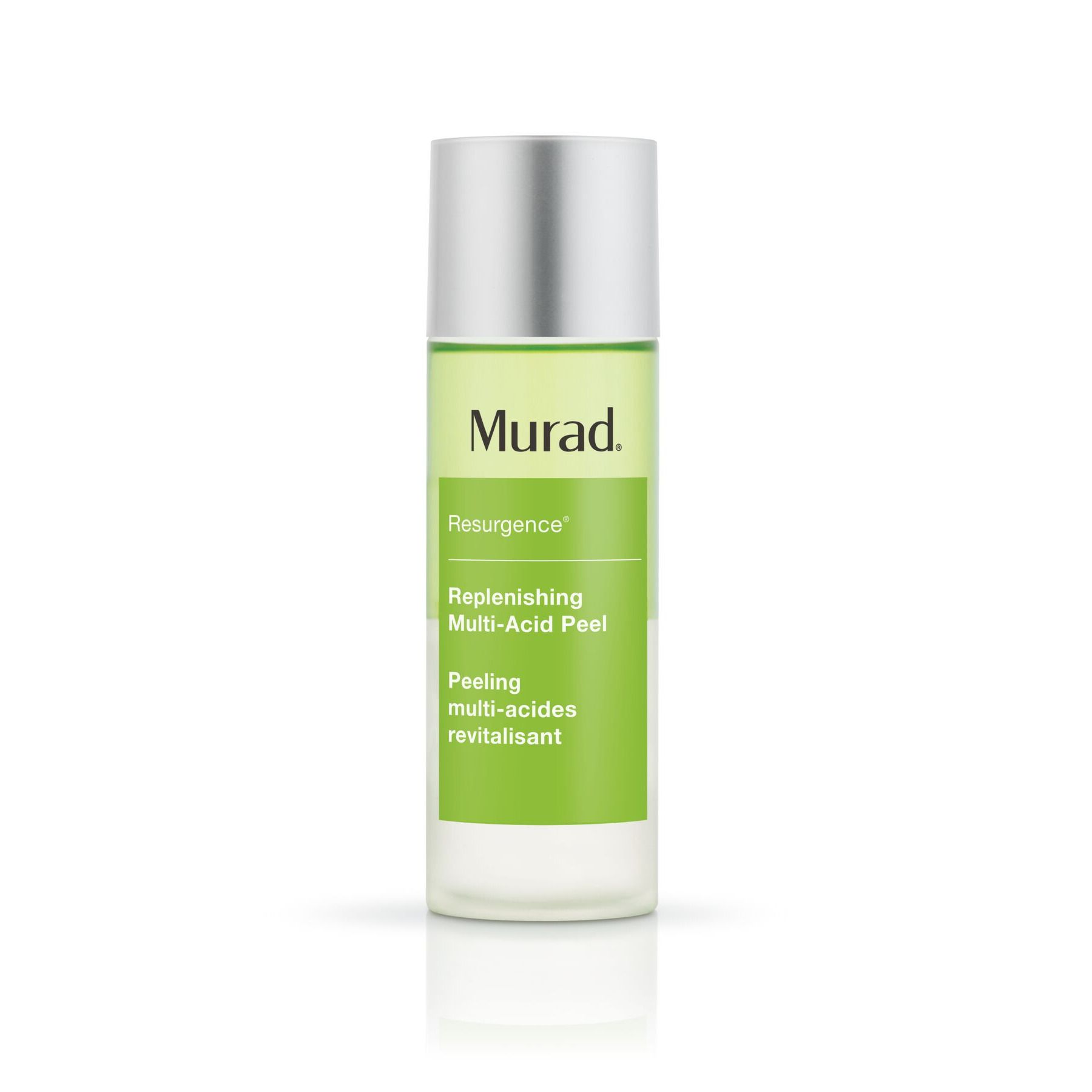 Cilindrische fles met zilveren dop. Tekst: Murad, Resurgence, Replenishing Multi-Acid Peel. Opschrift: Peeling multi-acides revitalisant.