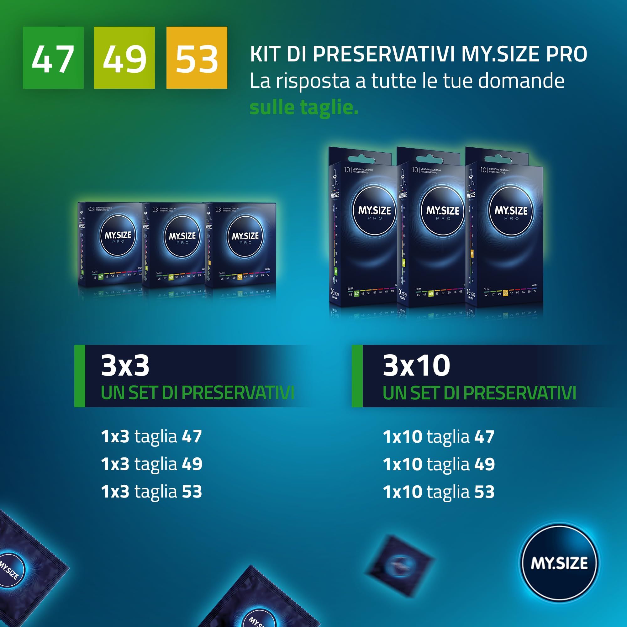 Stel omhelst elkaar, omringd door My.Size PRO condoomverpakkingen en individuele condooms.