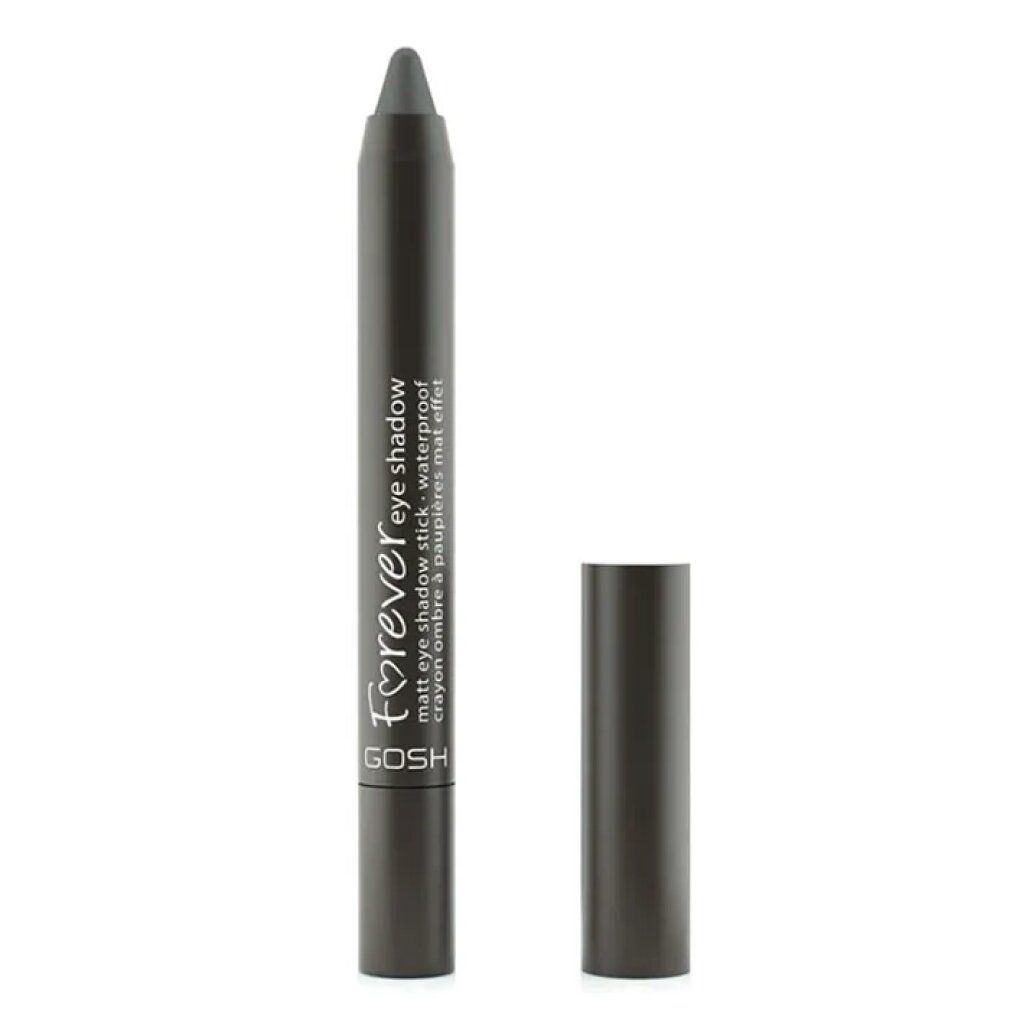 Gosh Forever Matt Eyeshadow 12 Dark Grey. Donkergrijze oogschaduwstift met losse dop. Productnaam en merk zichtbaar.