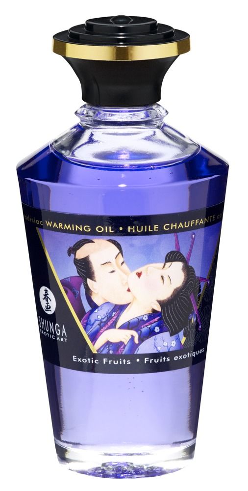 Glazen fles met blauwe olie. Afbeelding van kussend paar. Opschrift: Shunga, Exotic Fruits, Warming Oil.