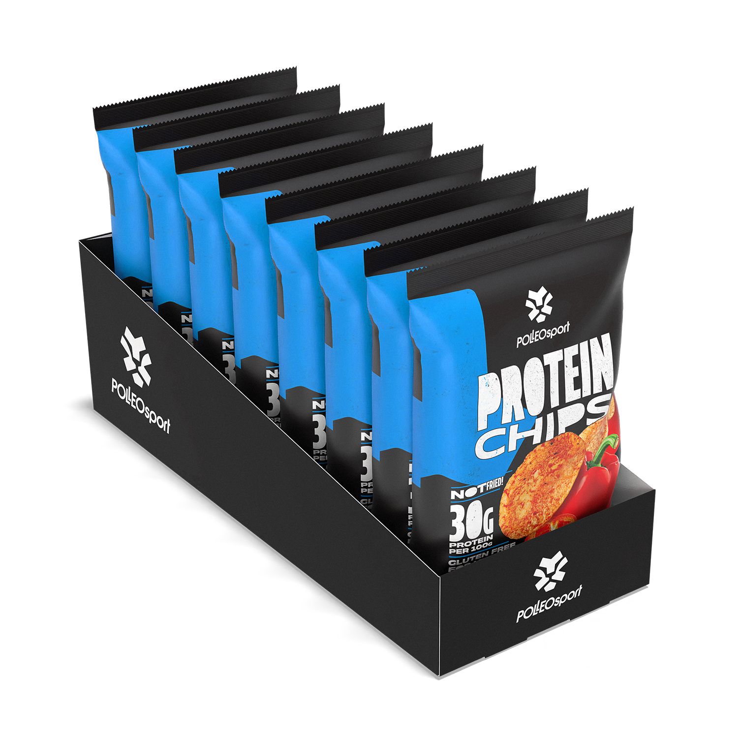 Présentoir noir avec sachets de chips protéinées bleus et noirs. Inscription : Protein Chips, logo Polleo Sport.