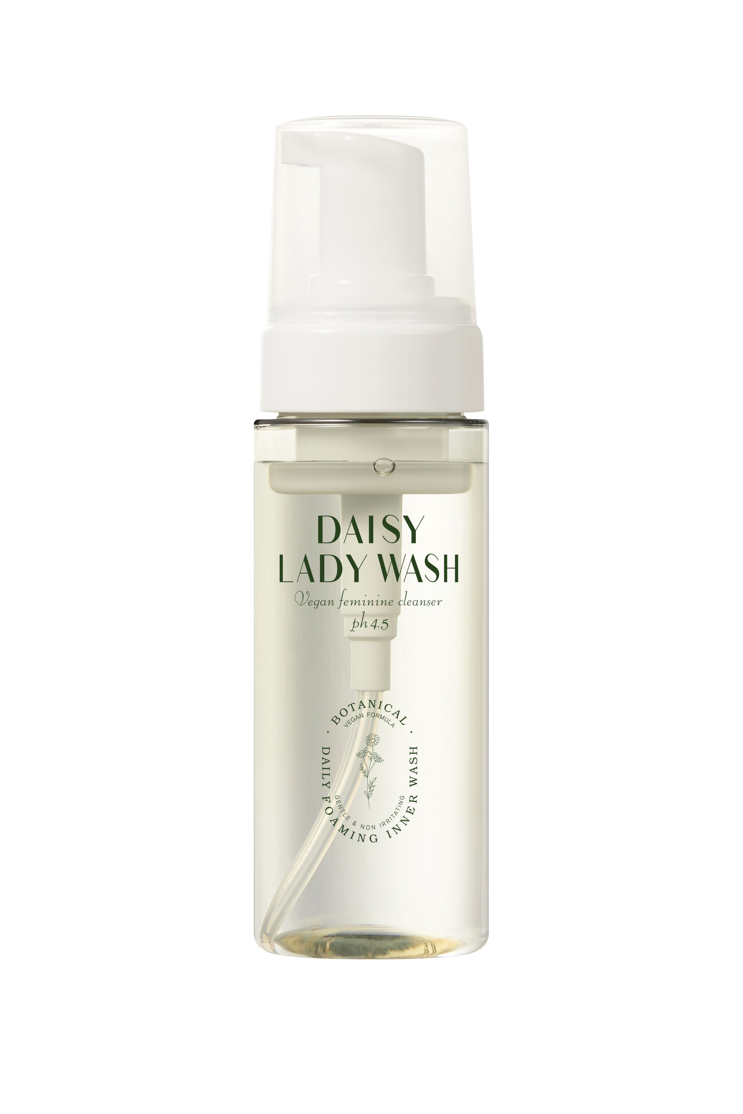Transparante fles met witte pomp. Opschrift: DAISY LADY WASH, veganistische intieme reiniger, pH 4,5. Botanisch logo.