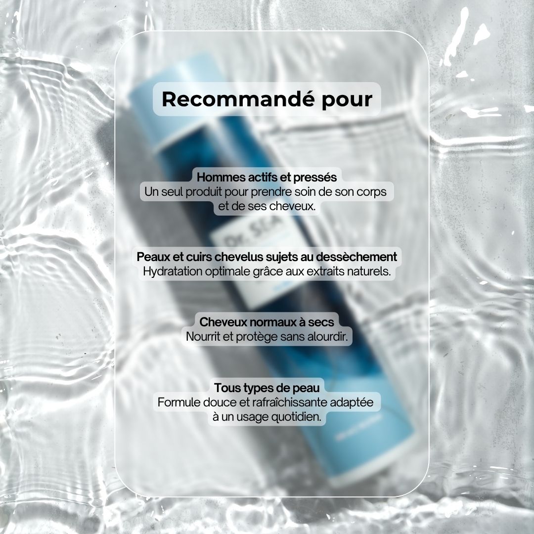 Flacon avec texte : "Dr. SEA 3-en-1", recommandations.