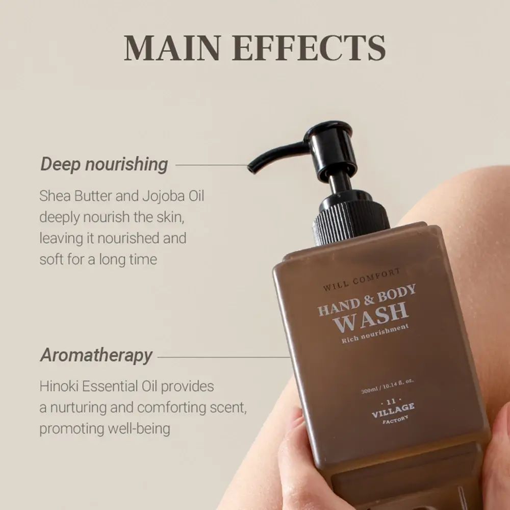 Close-up van een fles met tekst. Tekst: WILL COMFORT HAND & BODY WASH. Merk: VILLAGE 11 FACTORY. Belangrijkste effecten.