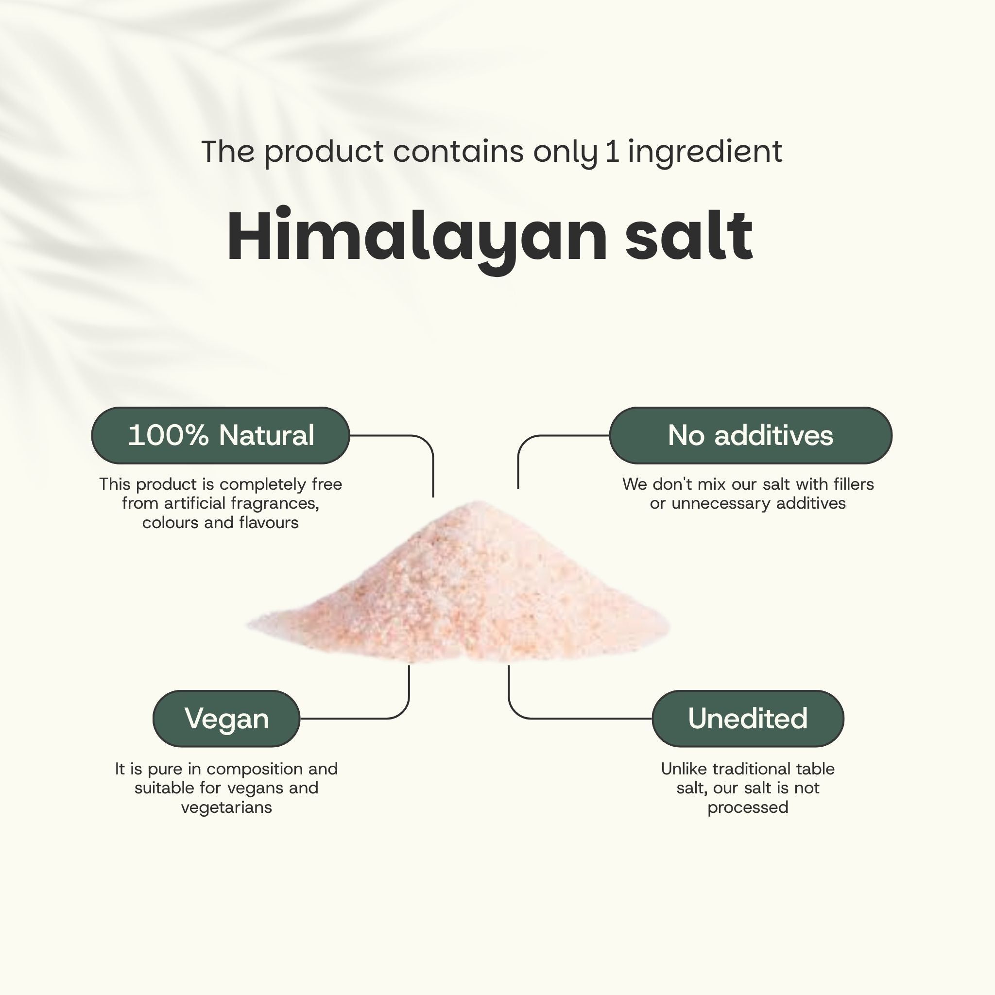Tas de sel de l'Himalaya. Texte: Contient 1 seul ingrédient: sel de l'Himalaya. 100% naturel, sans additifs, végétalien, non édité.