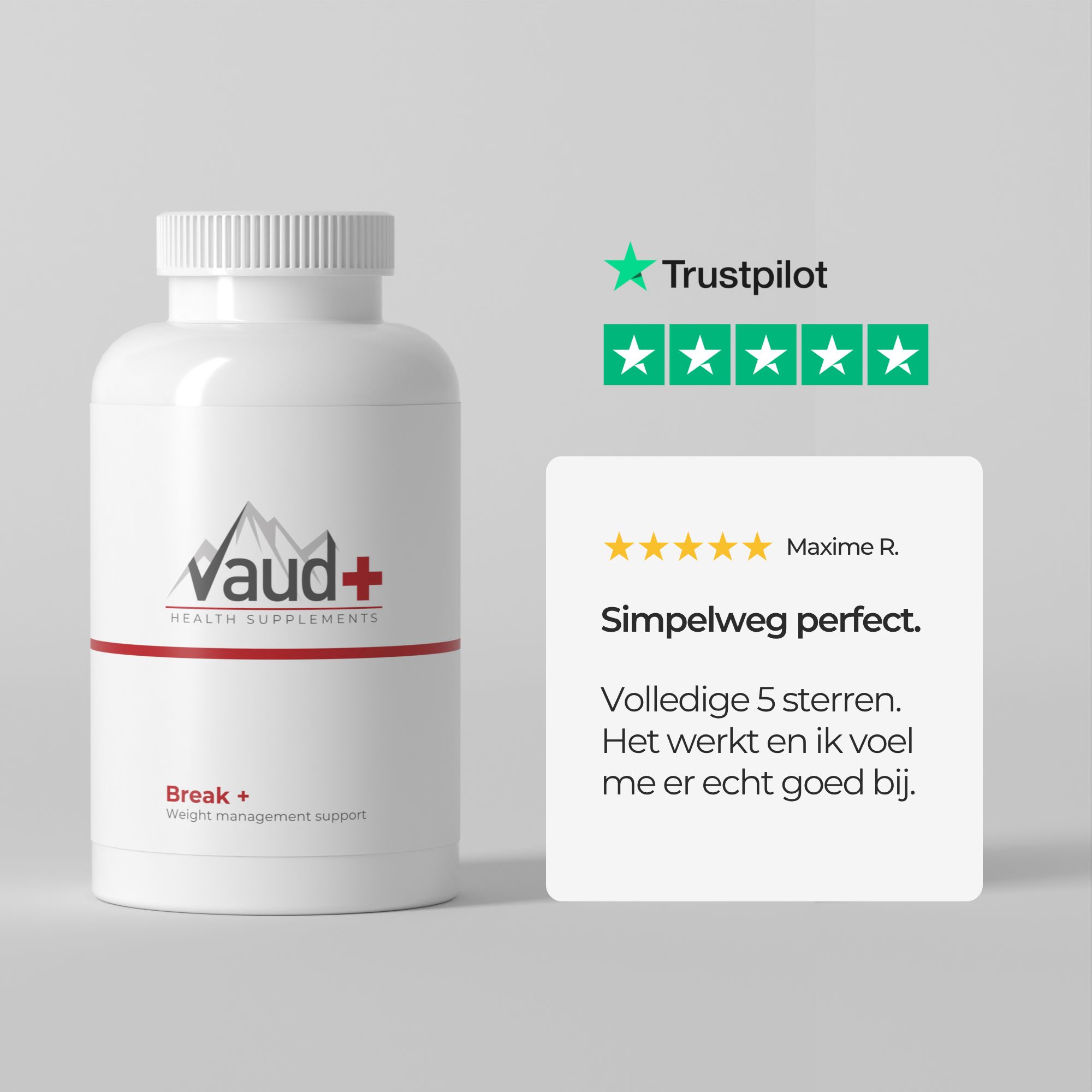 Witte fles met capsules. Vaud+ Health Supplements. Trustpilot-beoordeling. Tekst: Simpelweg perfect.