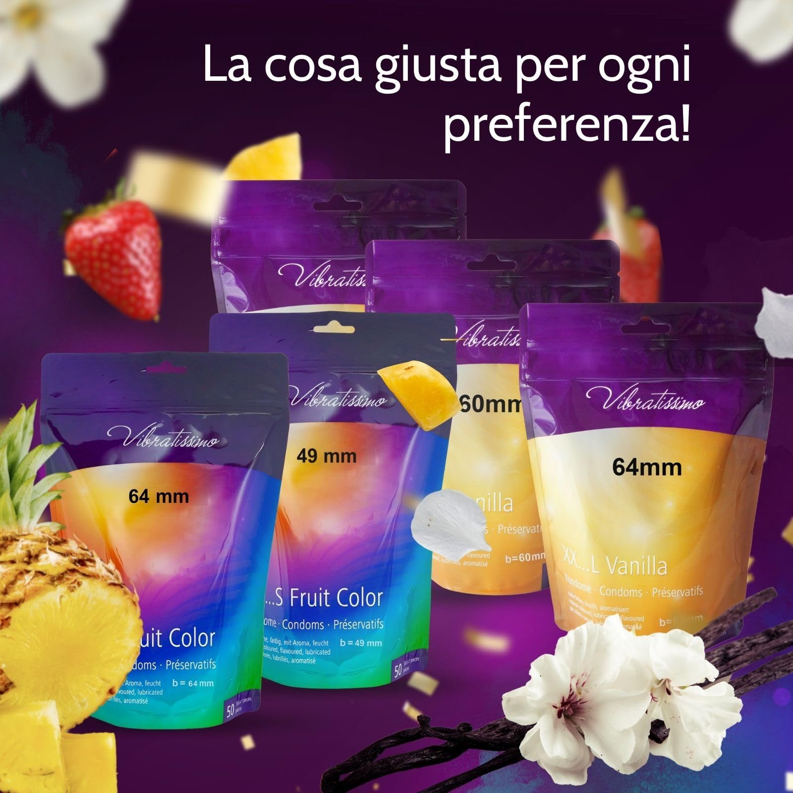 Vibratissimo : Préservatifs couleur fruit et vanille en tailles 49mm, 60mm, 64mm.