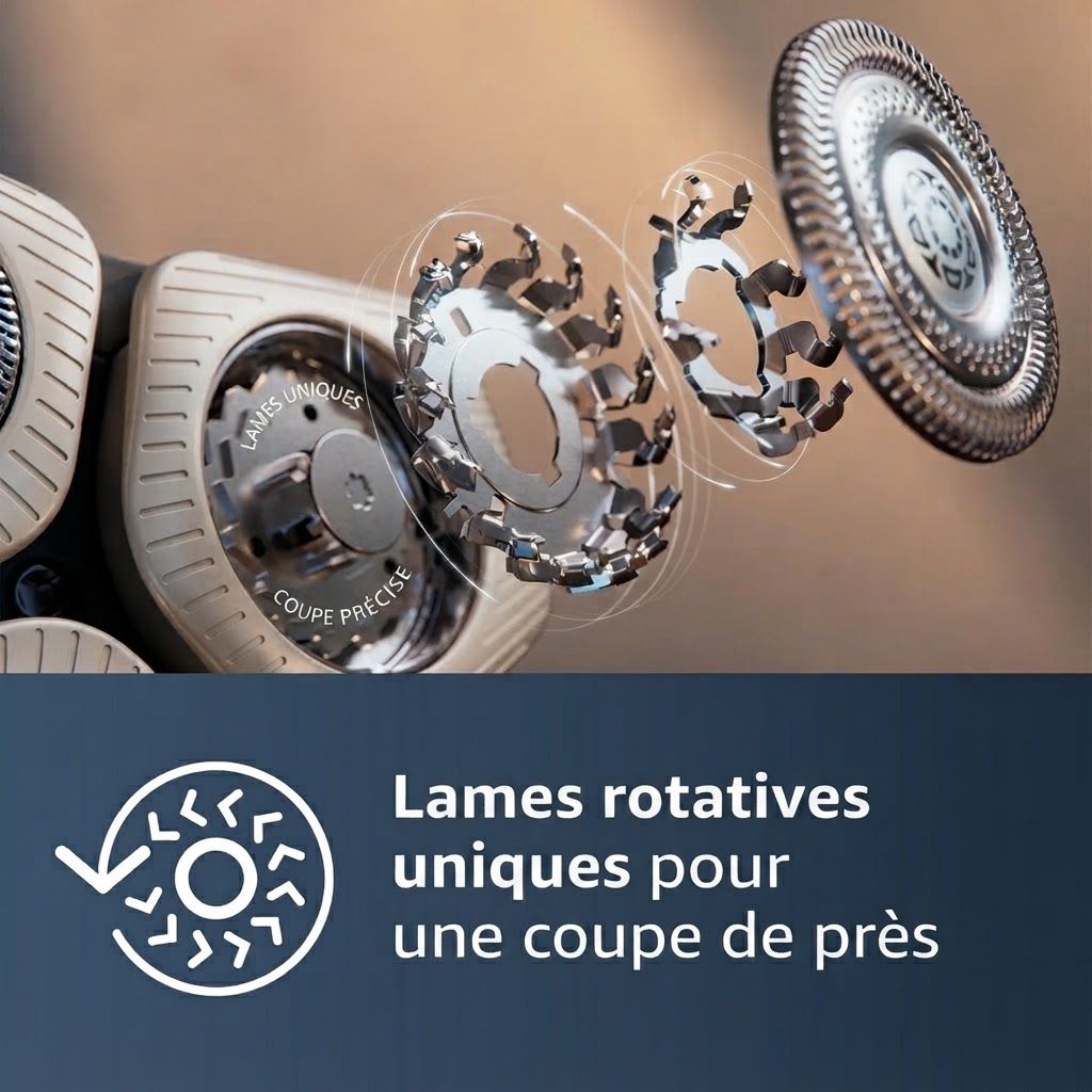 Vue éclatée d'une tête de rasoir avec lames rotatives et grilles de protection.