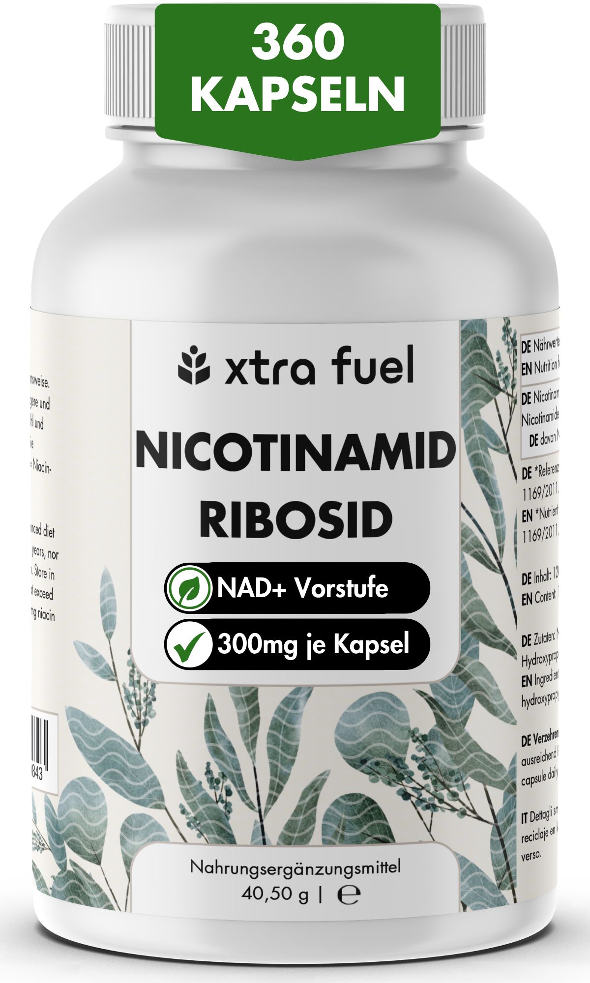 Bouteille de 360 capsules de Nicotinamide Riboside, 300mg par capsule.