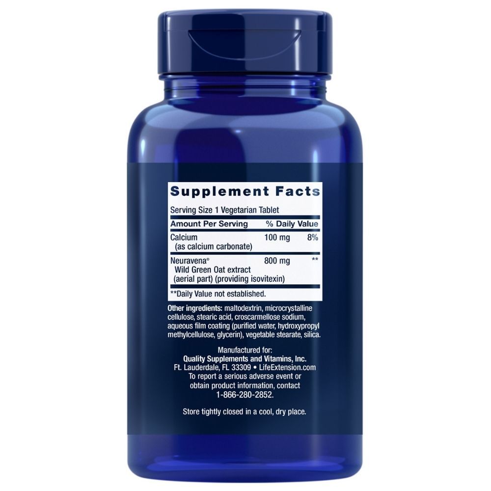 Arrière d'une bouteille bleu foncé avec Life Extension Dopa-Mind, Supplement Facts.
