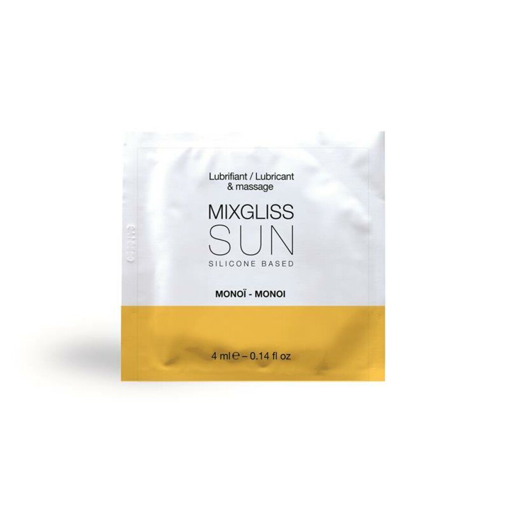Sachet individuel avec bande jaune. Inscription: MIXGLISS SUN, SILICONE BASED, MONOI. 4 ml.