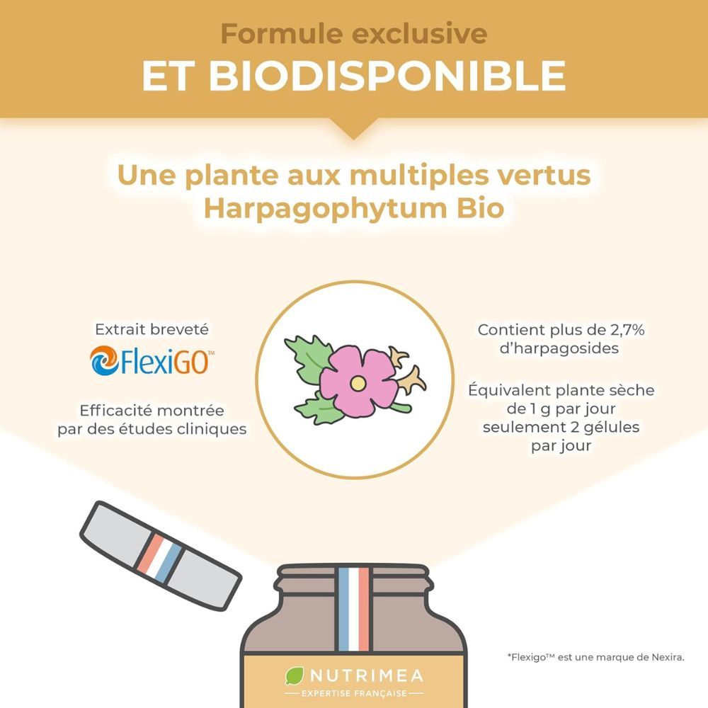 Graphique informatif. Texte : "ET BIODISPONIBLE". Icônes et texte sur ingrédients et avantages. Flacon en bas.