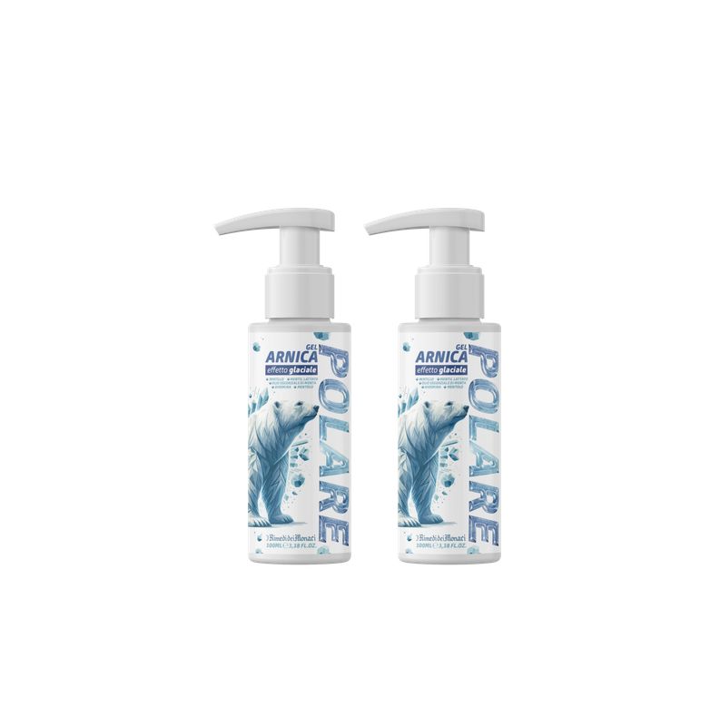 Twee witte flessen met pomp. Elke fles heeft een ijsbeermotief en de tekst "Arnica Polare". 