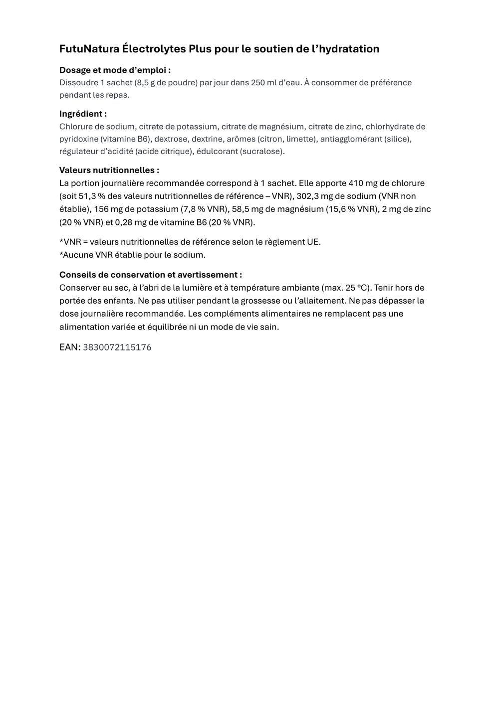 Document texte avec informations sur FutuNatura Electrolytes Plus. Dosage, ingrédients, valeurs nutritionnelles, avertissements et code EAN.