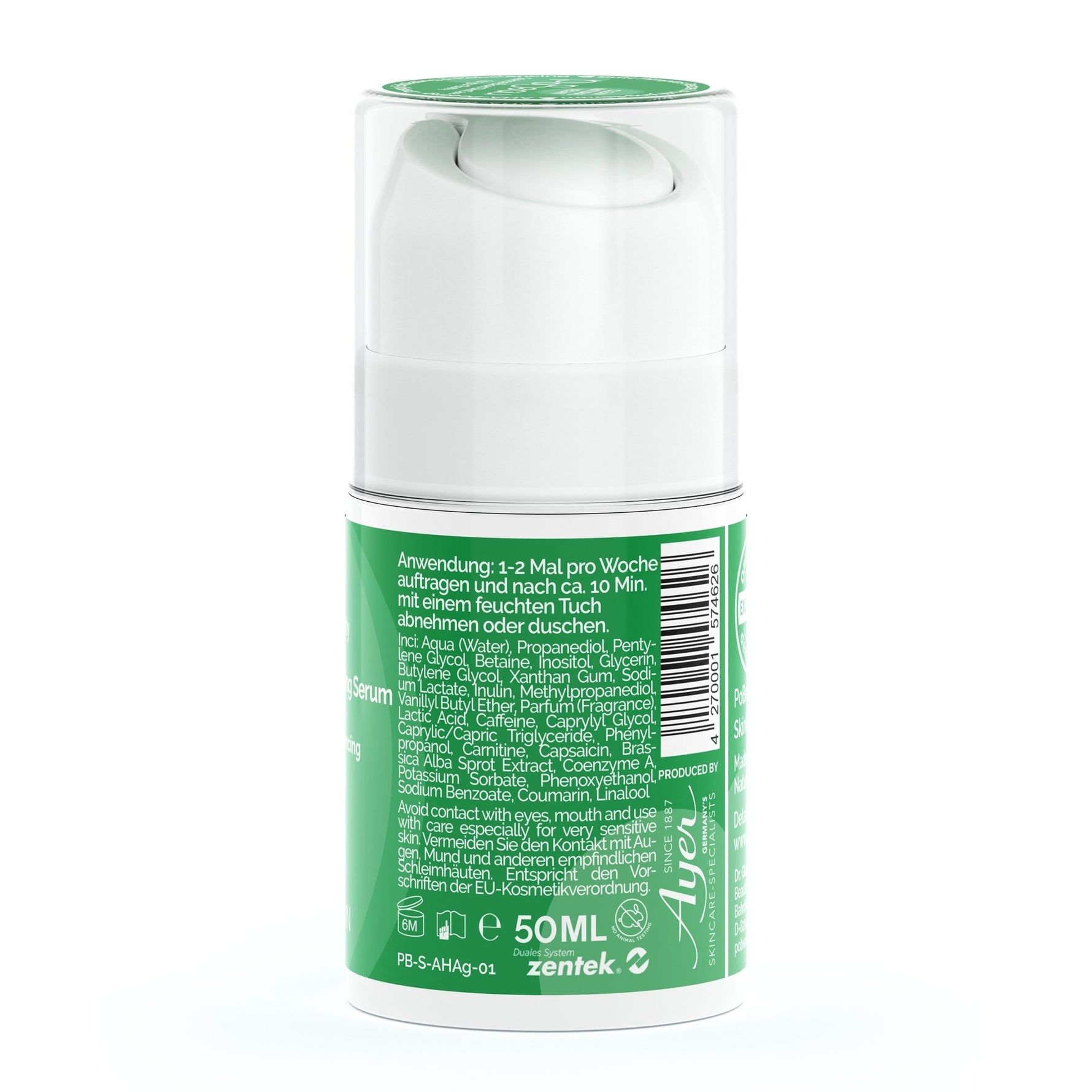 Witte fles met groen etiket. Opschrift: Pobeau, Butt Pimples Rescue & Purifying Serum. Tekst: 50ml. Ingrediënten.