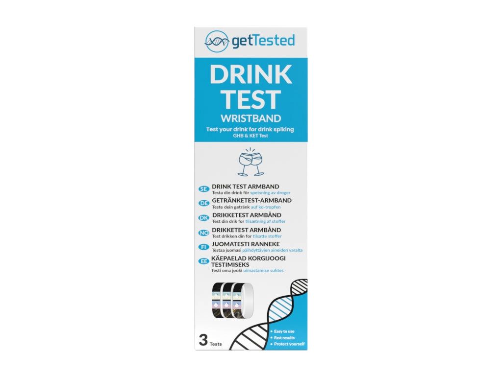 Emballage du bracelet de test de boisson GetTested. Contient 3 tests. Avec nom du produit, illustrations et informations d'utilisation.