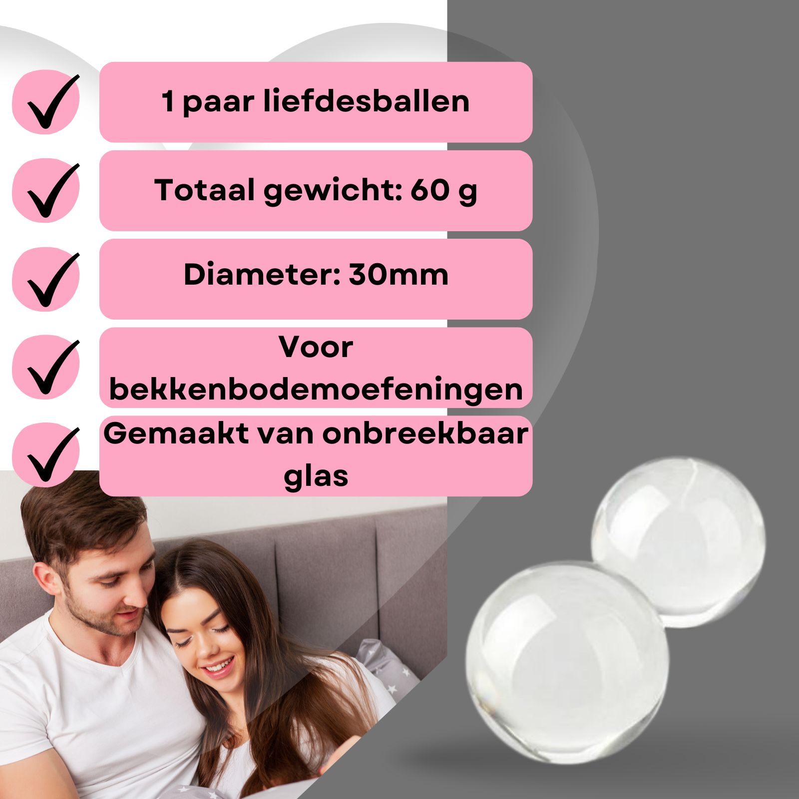 Twee doorzichtige glazen liefdesballen, 30mm diameter, 60g totaal gewicht.