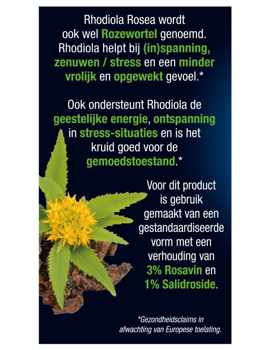 Informations complémentaires sur 'Rhodiola Rosea'. Texte sur fond bleu avec illustration d'une plante et ingrédients.