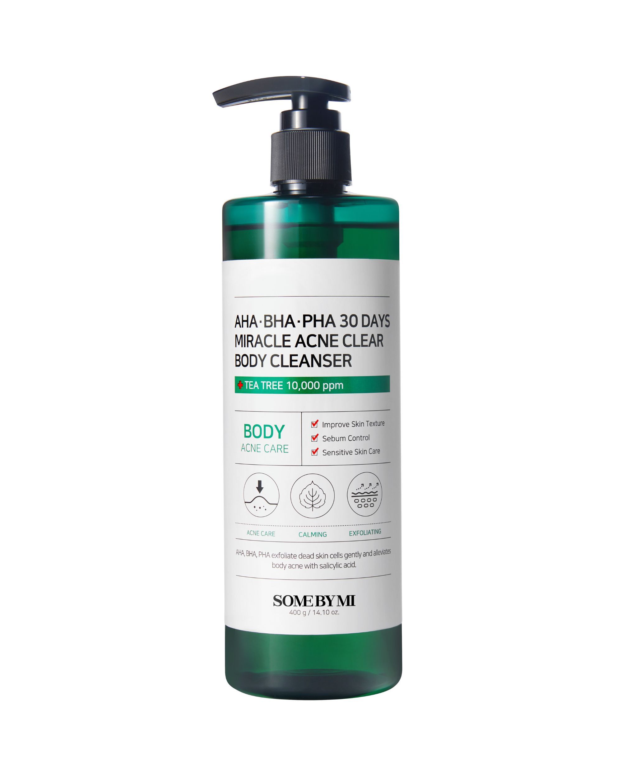 Flacon vert avec pompe noire. Inscription : AHA.BHA.PHA 30 DAYS MIRACLE ACNE CLEAR BODY CLEANSER. Avec arbre à thé et Centella Asiatica.