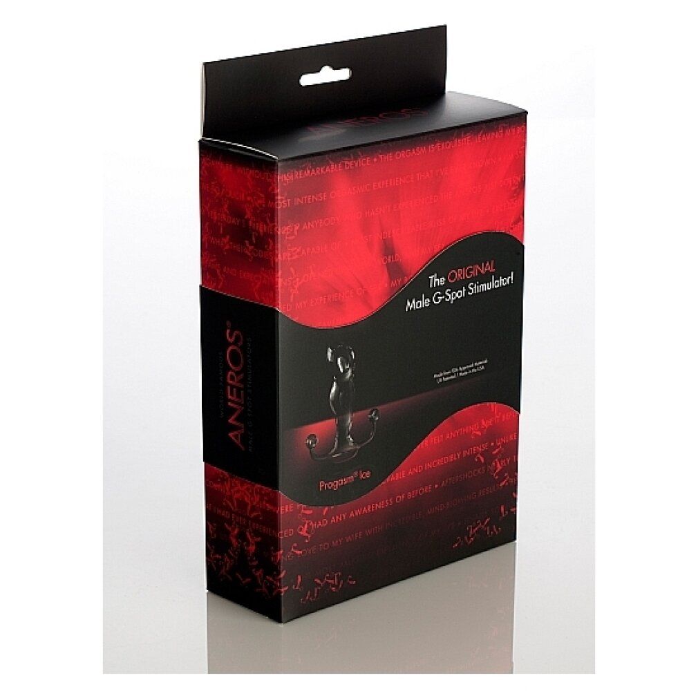 Emballage avec image du produit et texte. Boîte noire avec motif rouge et nom du produit.