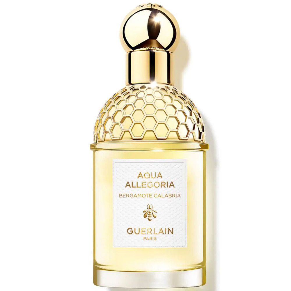 Fles Eau de Toilette. Opschrift: Aqua Allegoria Bergamote Calabria, Guerlain Paris. Gele vloeistof.