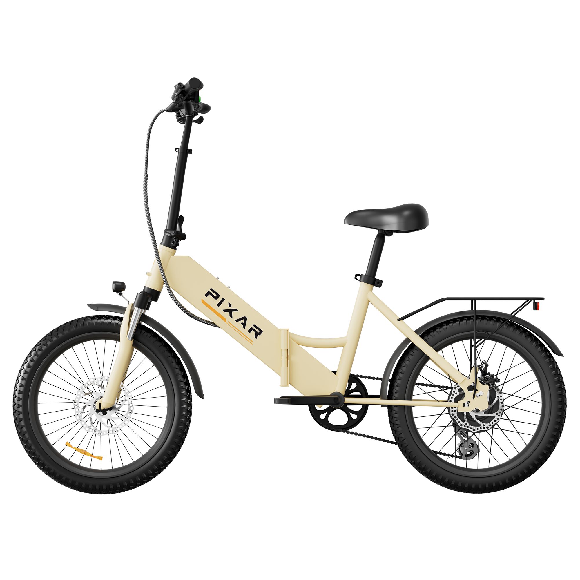 Vélo électrique beige avec selle noire, porte-bagages et logo PIXAR. Pneus et garde-boue noirs.