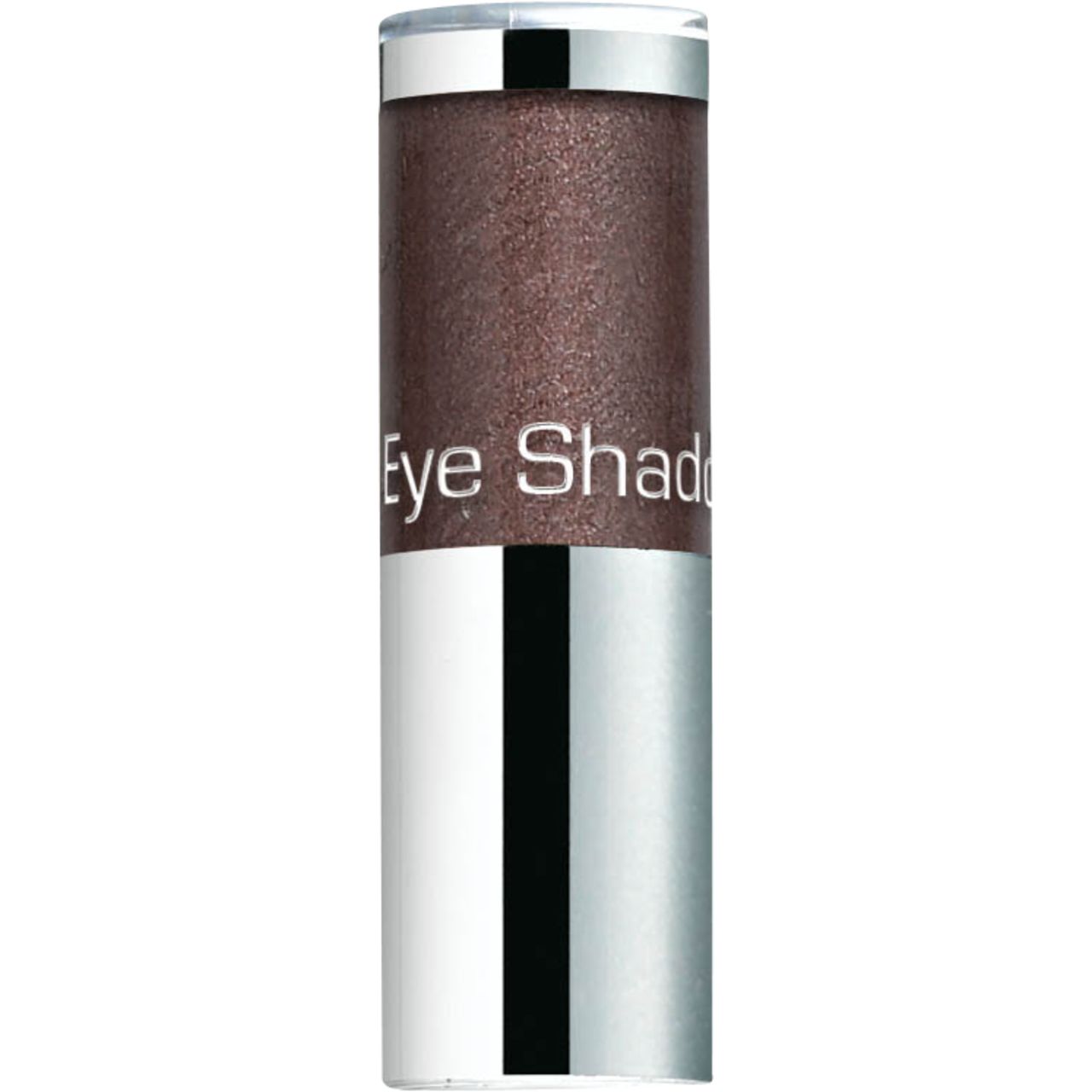 Cilindrische houder met bruine oogschaduw. Zilveren deksel en onderkant. Opschrift: Eye Shadow.