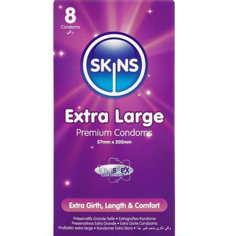 Verpakking met 8 SKINS Extra Large condooms. Afmetingen: 57mm x 205mm. Tekst: Extra Girth, Length & Comfort. Certificeringen.