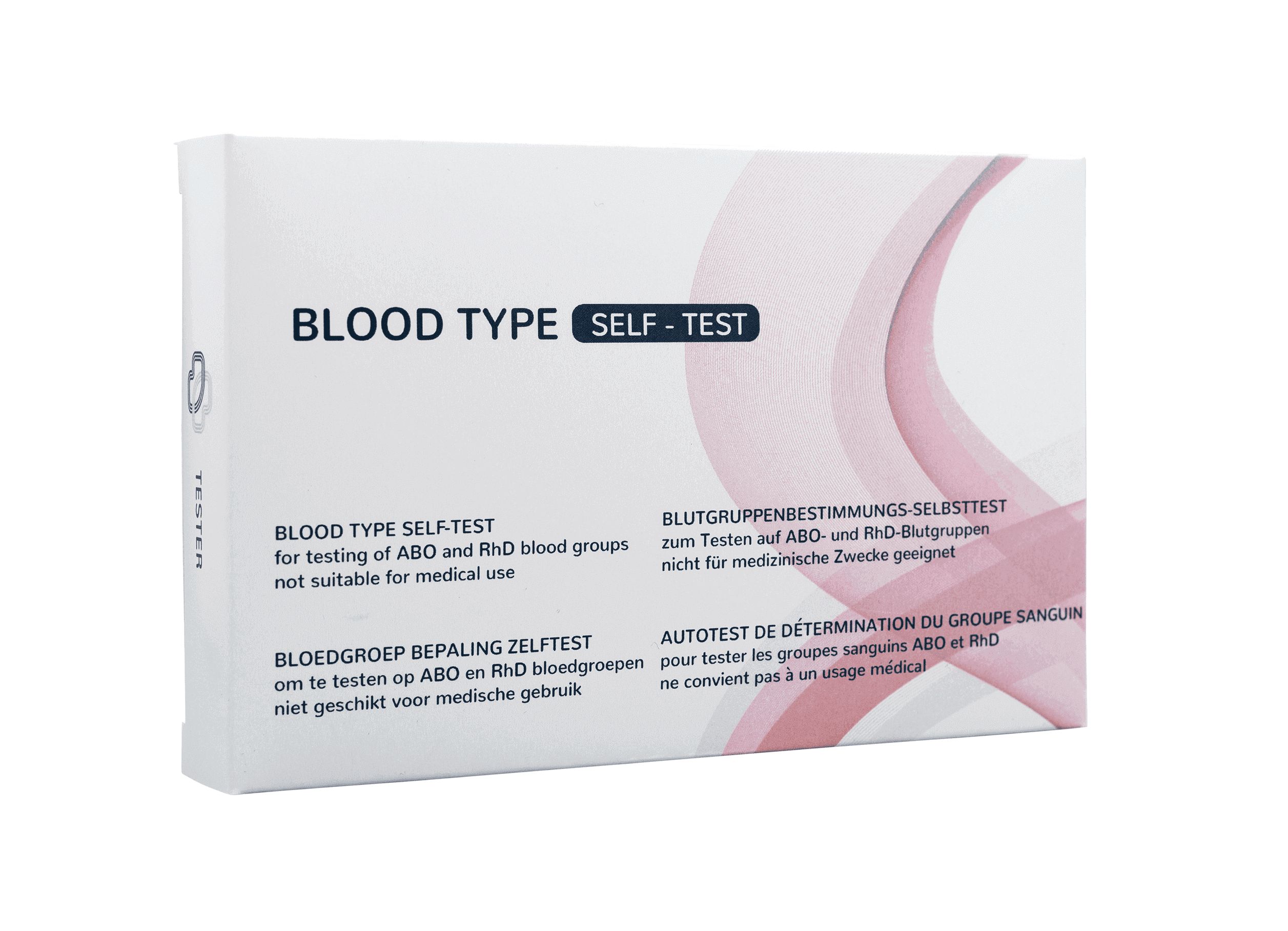 Bloedgroep test verpakking, schuin geplaatst. Opschrift 'BLOOD TYPE SELF-TEST' en meertalige teksten. Roze golfpatroon.