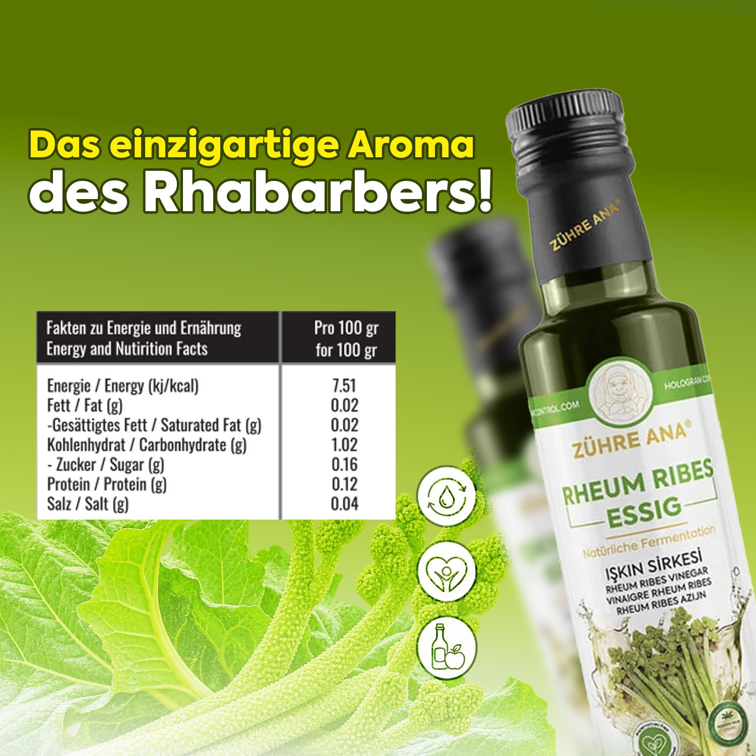 Bouteille de vinaigre de rhubarbe avec informations nutritionnelles et plante de rhubarbe.