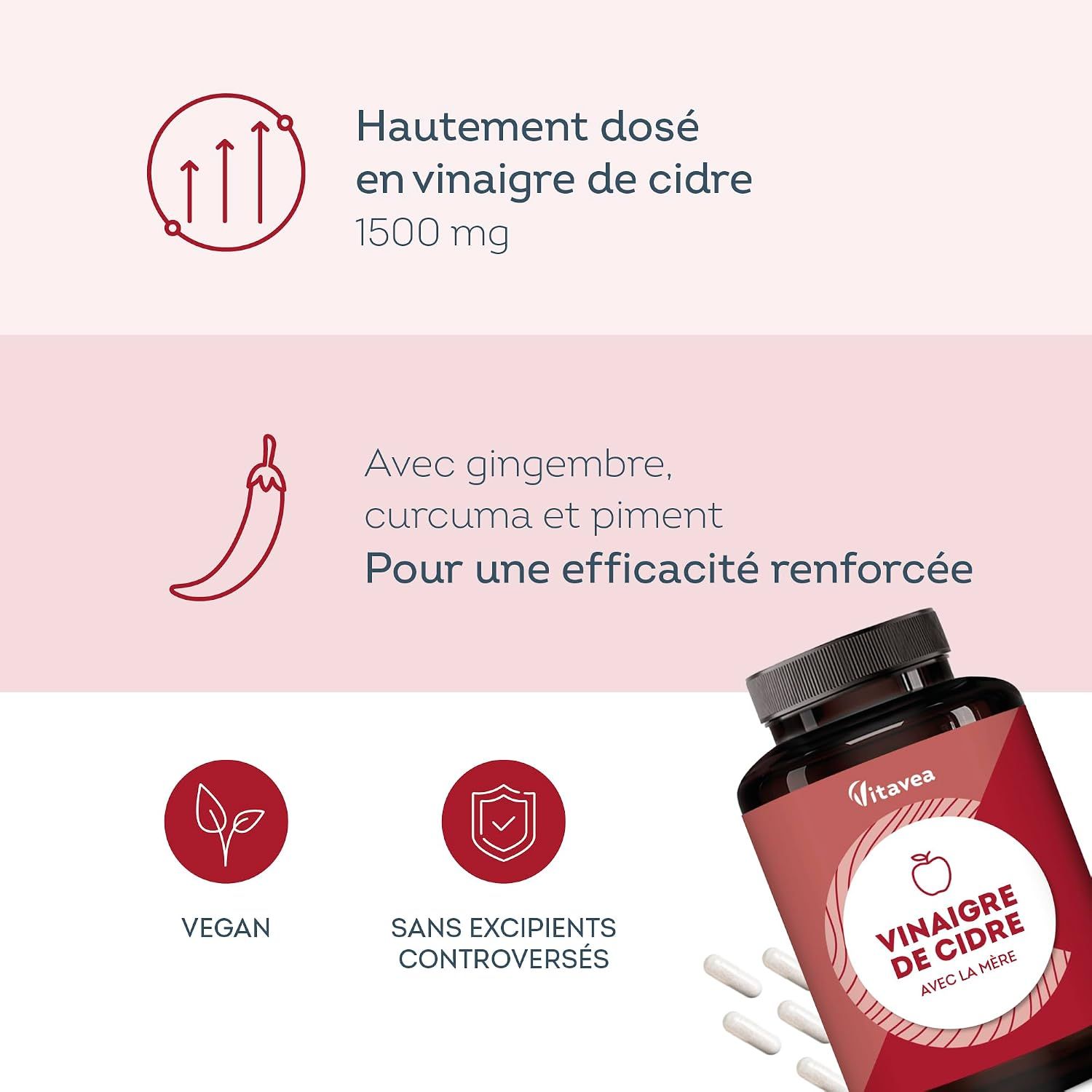 Flacon de gélules de vinaigre de cidre, 1500 mg, avec gingembre, curcuma et piment. Vegan, sans excipients controversés.