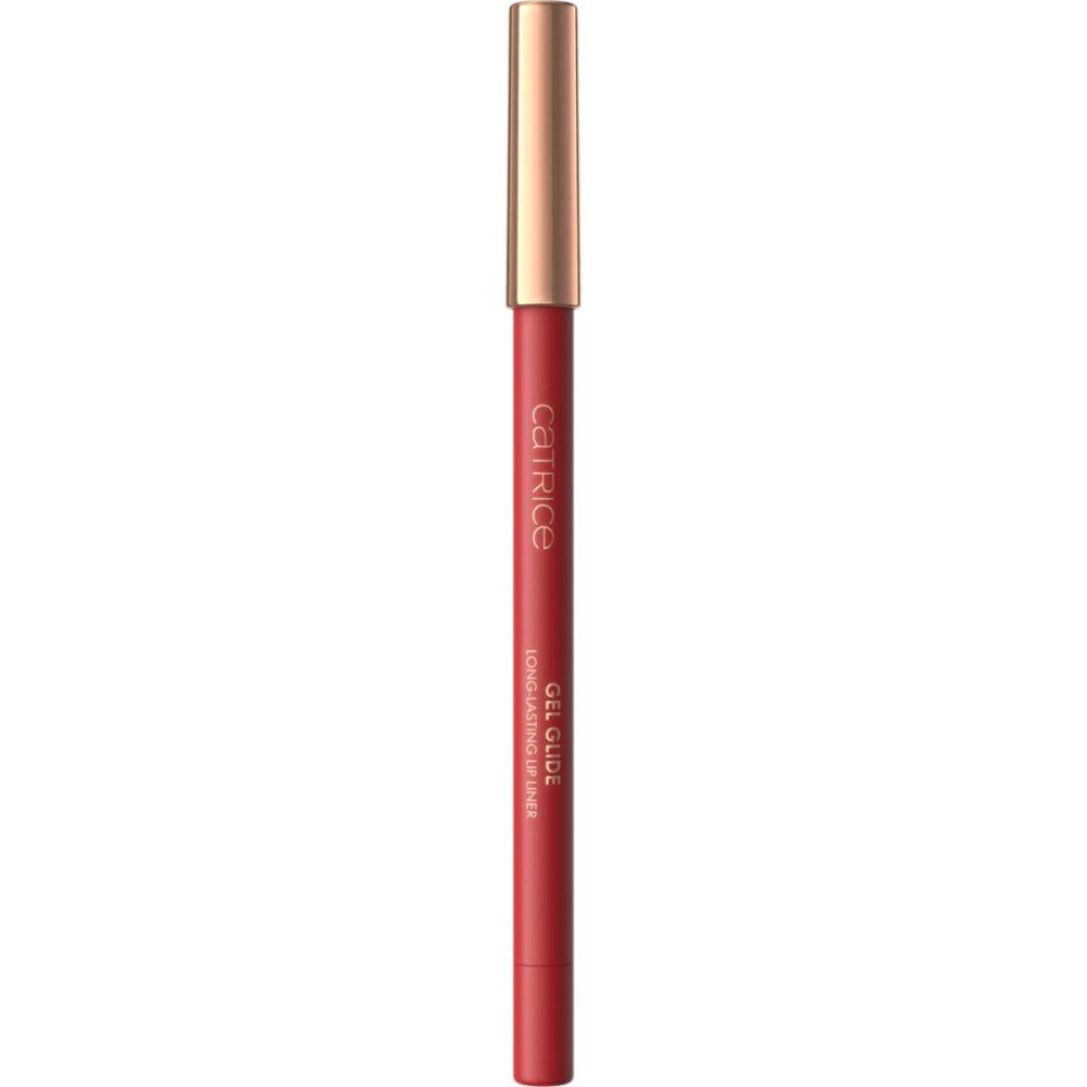 Crayon contour des lèvres rouge avec capuchon doré. Inscription : Catrice, Gel Glide, Long Lasting Lip Liner.