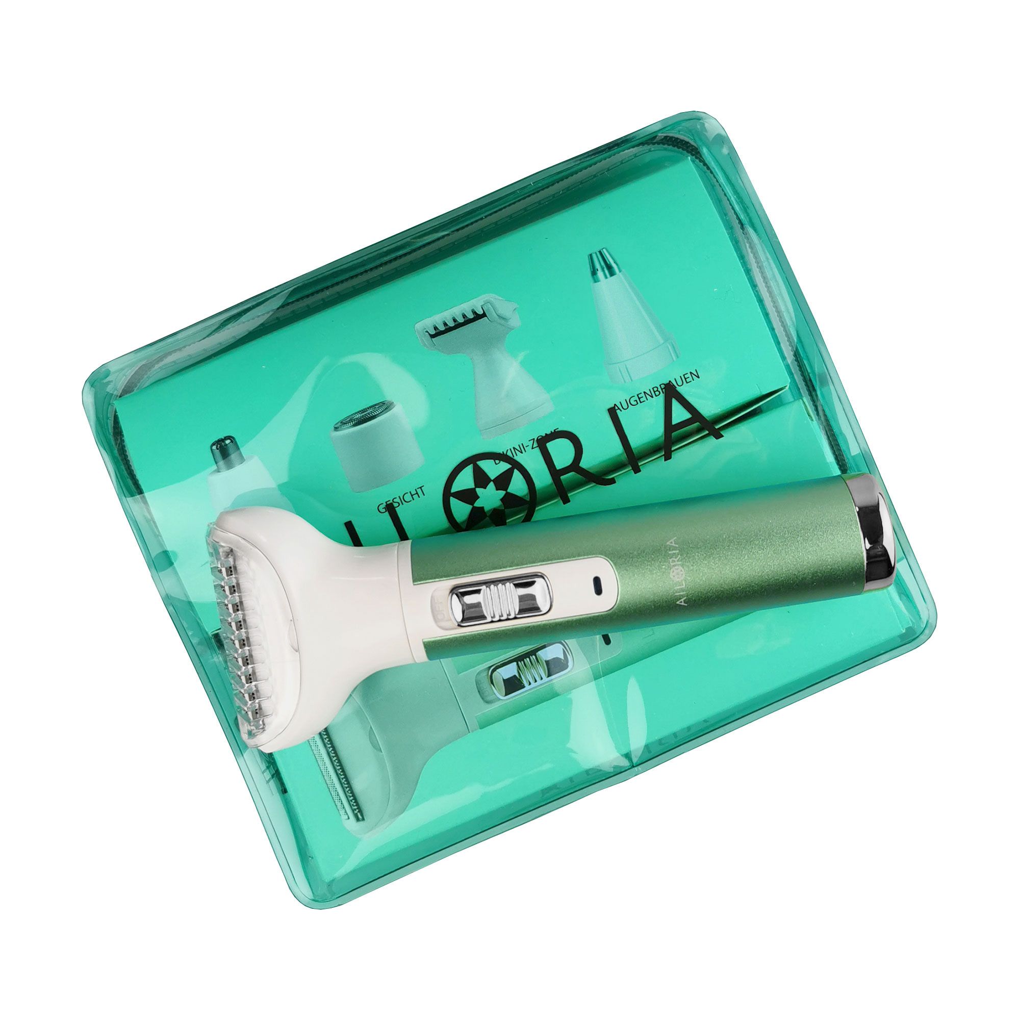 Kit de rasoir dans un emballage transparent. Rasoir et têtes visibles. Logo AILORIA.