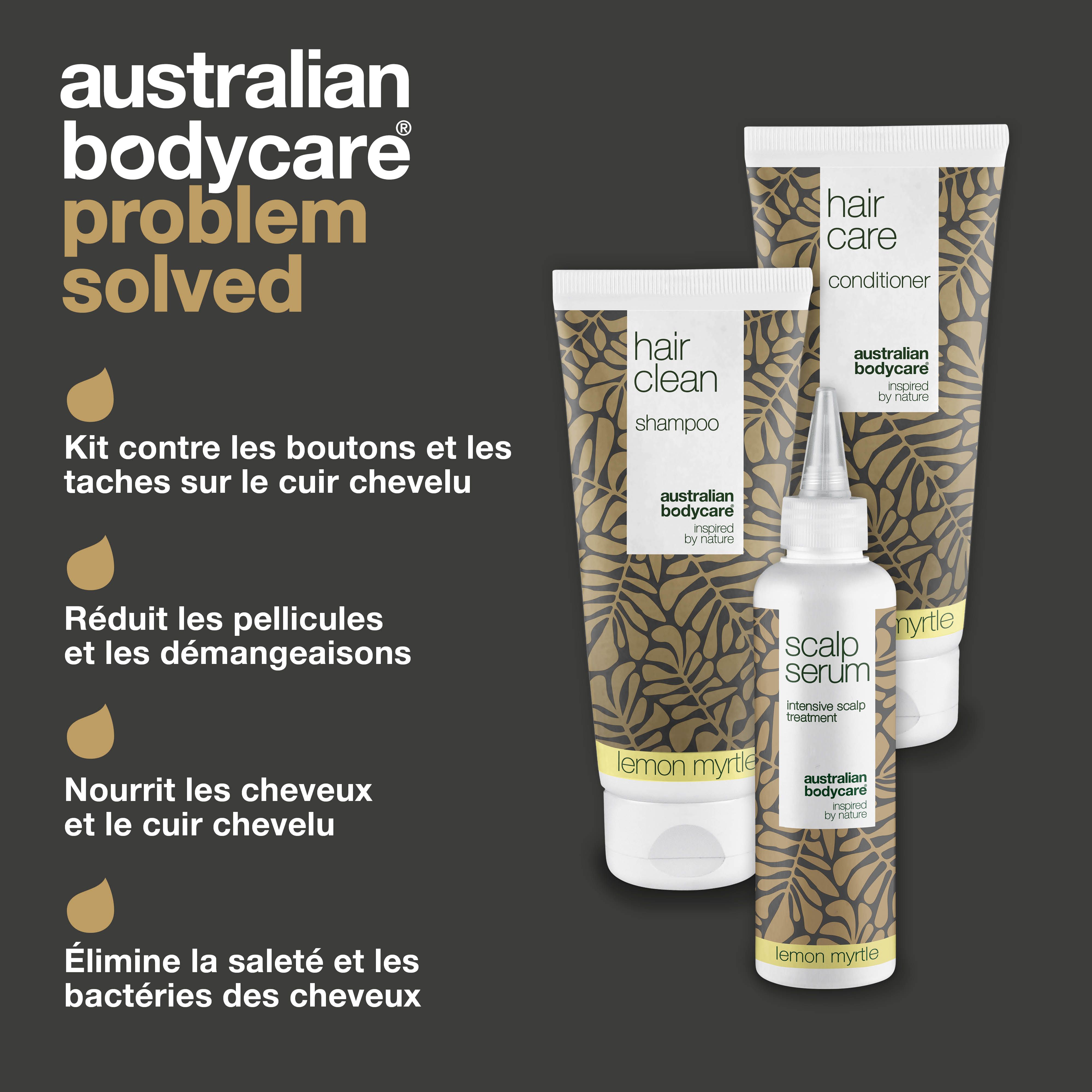 Problème résolu. Shampooing, après-shampooing et sérum. Texte : contre les boutons, réduit les pellicules, nourrit les cheveux. Logo : Australian Bodycare.