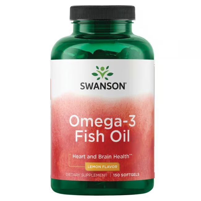 Flacon vert d'huile de poisson oméga-3. Étiquette avec logo de la marque, nom du produit et saveur: citron.