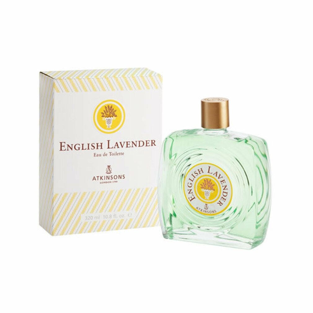 Flacon et emballage. Inscription 'English Lavender' et 'Atkinsons'. Flacon avec bouchon doré.