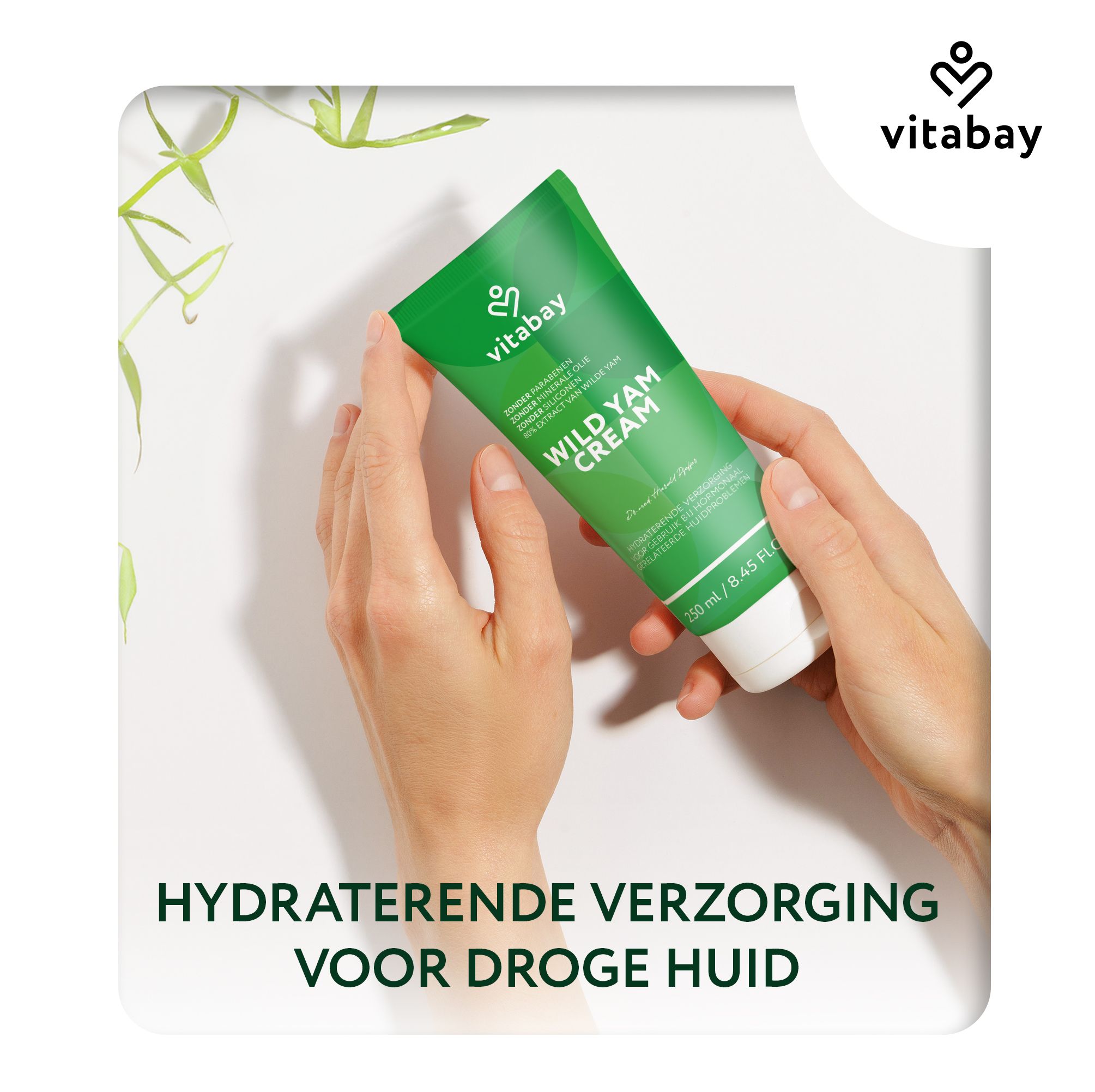 Handen houden Vitabay Wild Yam Cream tube. Hydraterende verzorging voor droge huid.