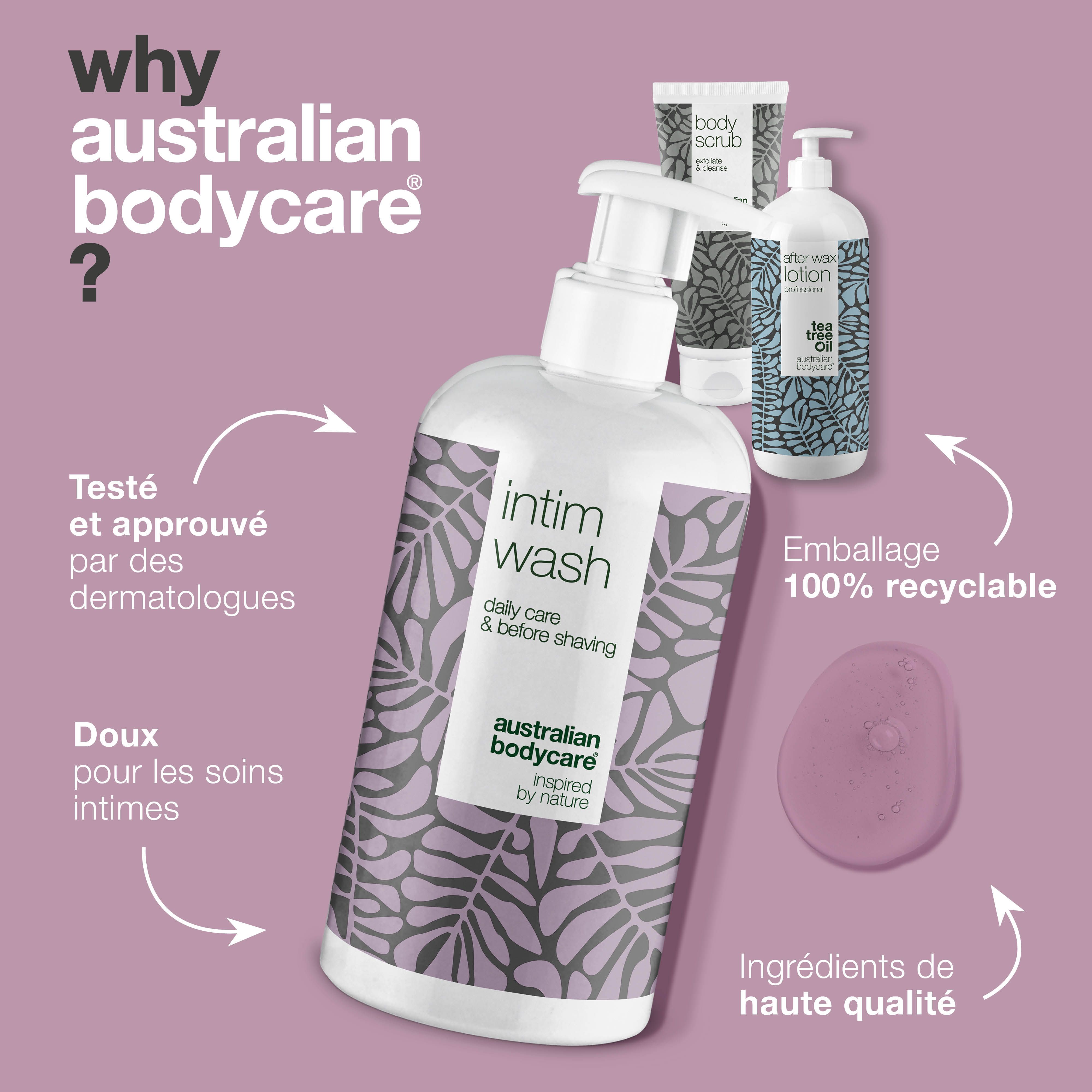 Intim Wash, After Wax Lotion, Body Scrub. Texte : Australian Bodycare. Texte en français. 100% recyclable.