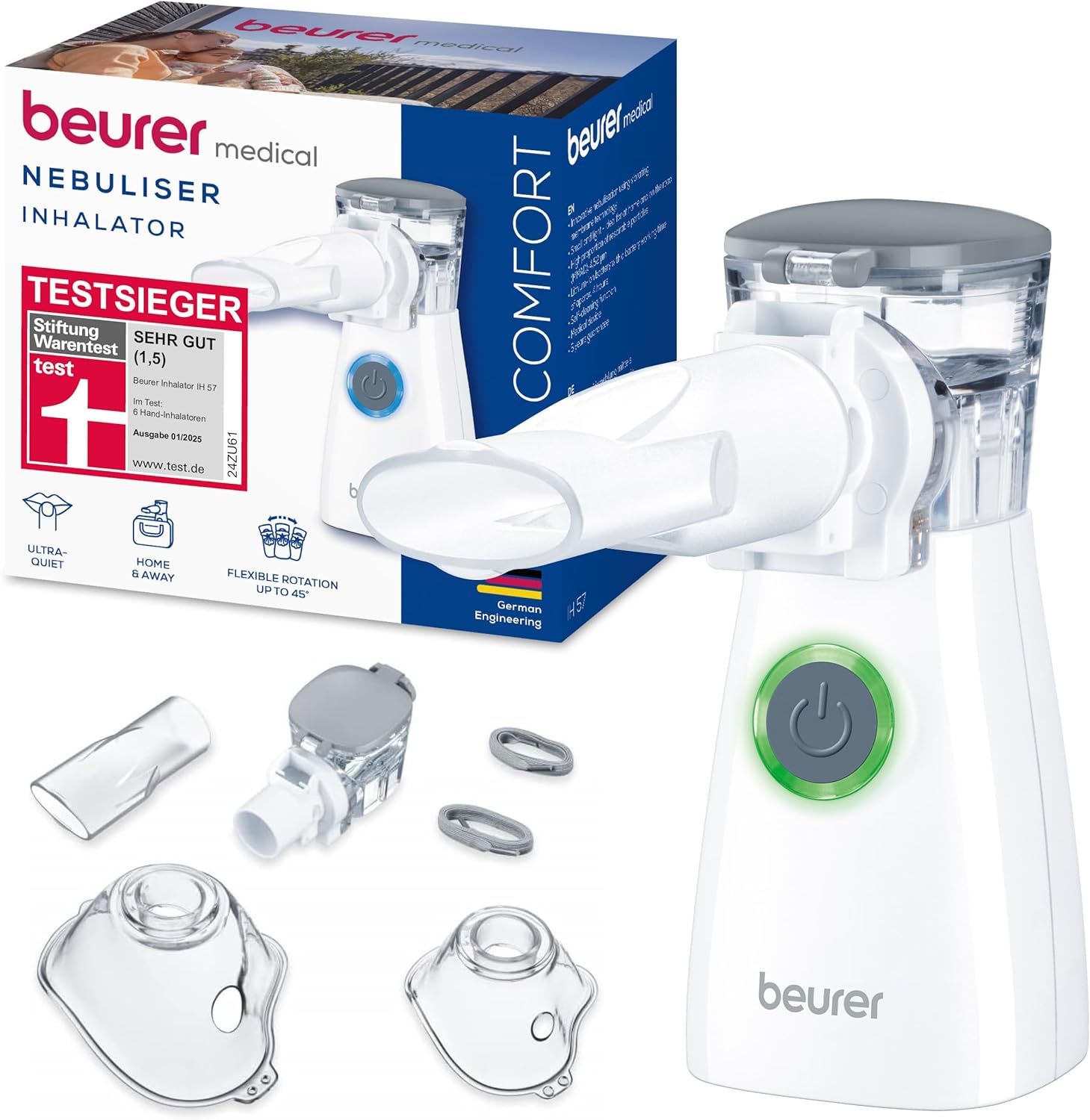 Inhalateur Beurer en emballage. Accessoires et masques. Texte: Beurer medical, NEBULISER INHALATOR, TESTSIEGER.