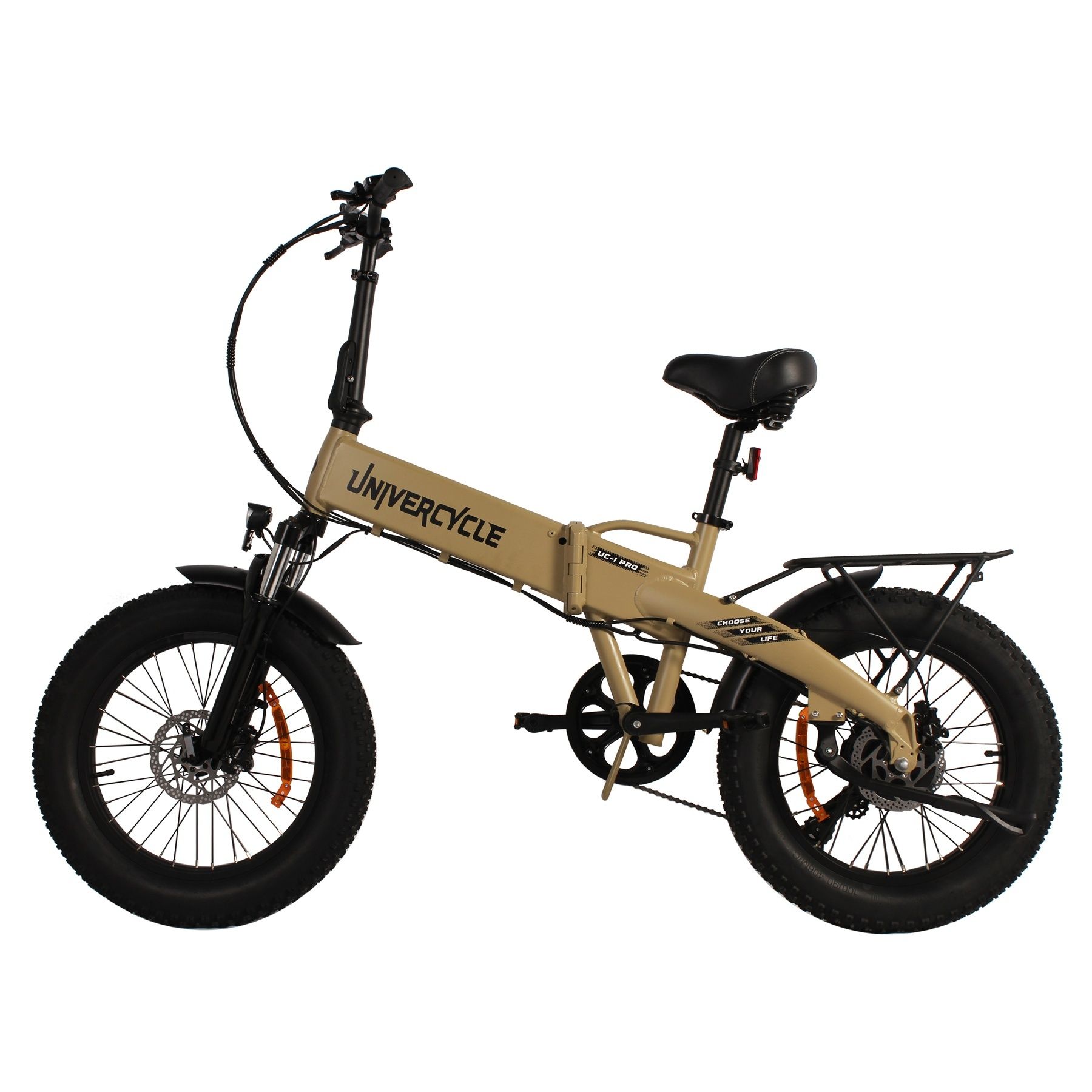 Vélo électrique pliable beige. Pneus noirs, porte-bagages. Marque Univercycle.