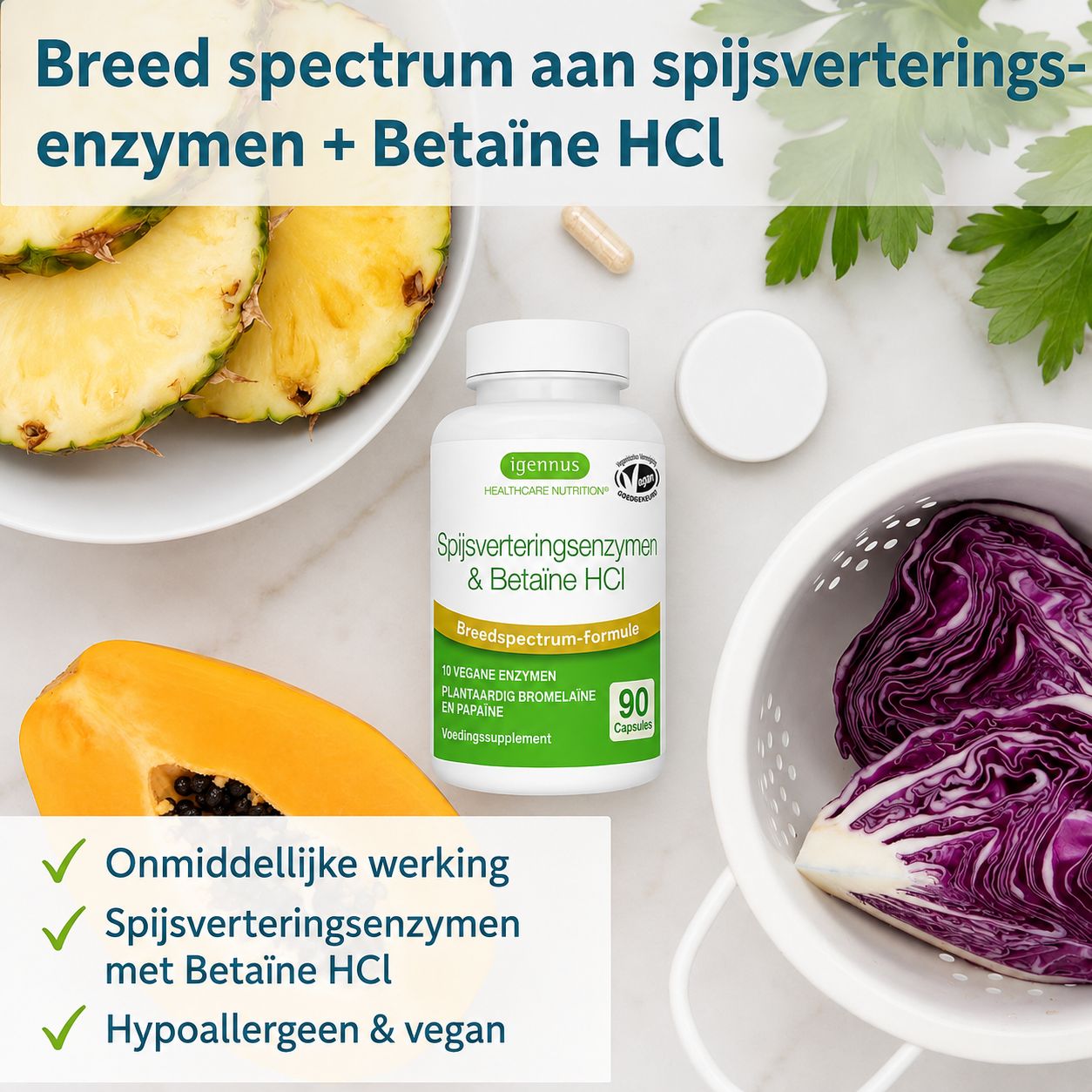 Fles met spijsverteringsenzymen & Betaine HCl, 90 capsules. Ananas, papaya en rode kool in beeld.