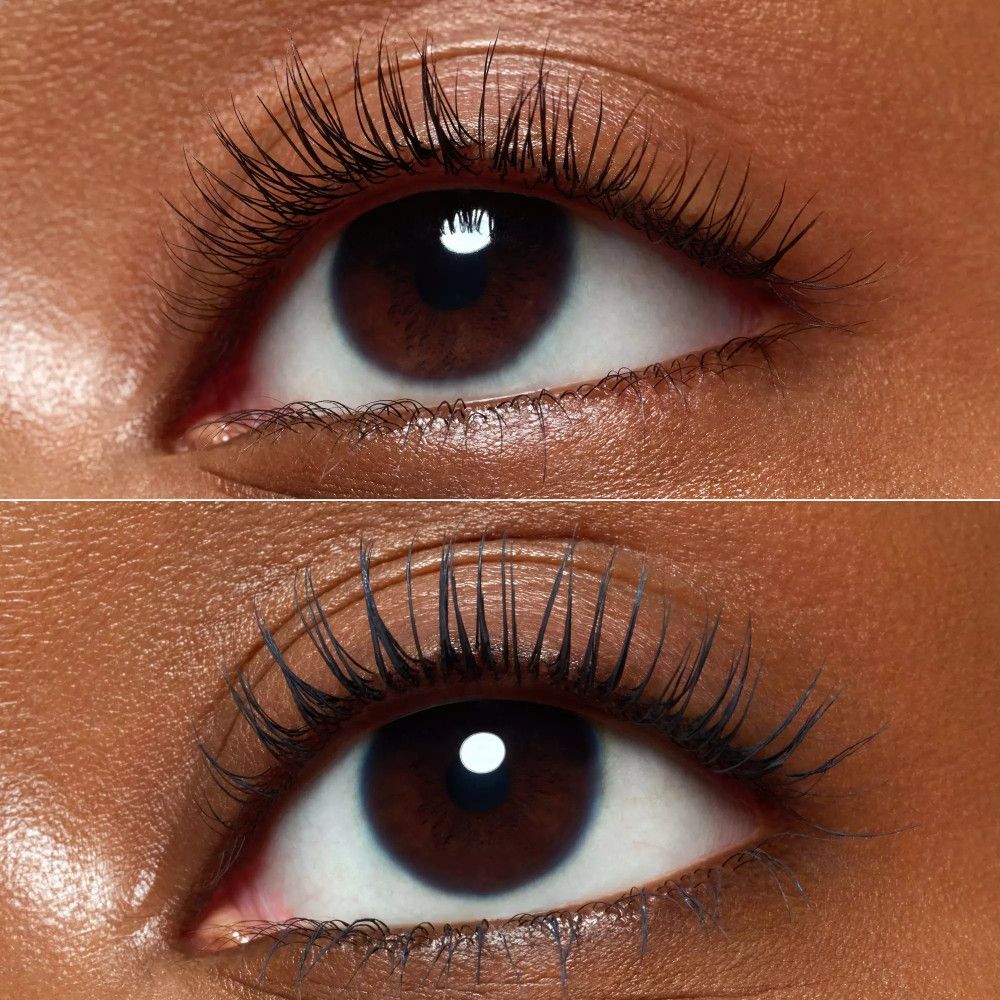 Yeux avec cils. En haut : Sans mascara. En bas : Avec mascara. Peau foncée.