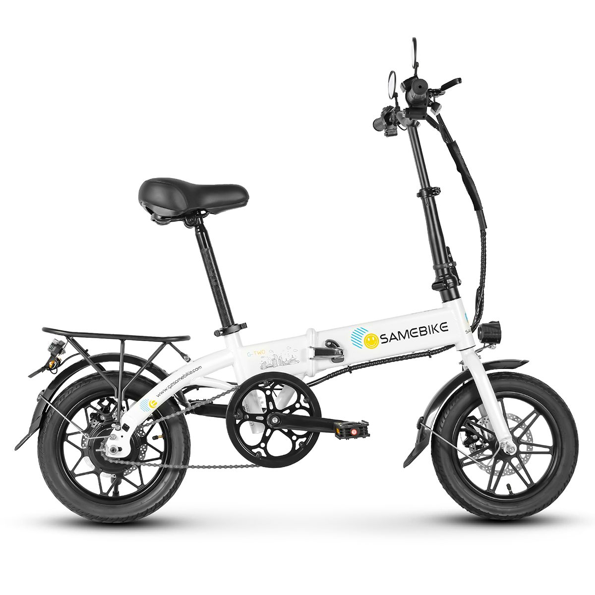 Vélo électrique pliable blanc, pneus et selle noirs. Marque SAMEBIKE. Porte-bagages arrière.