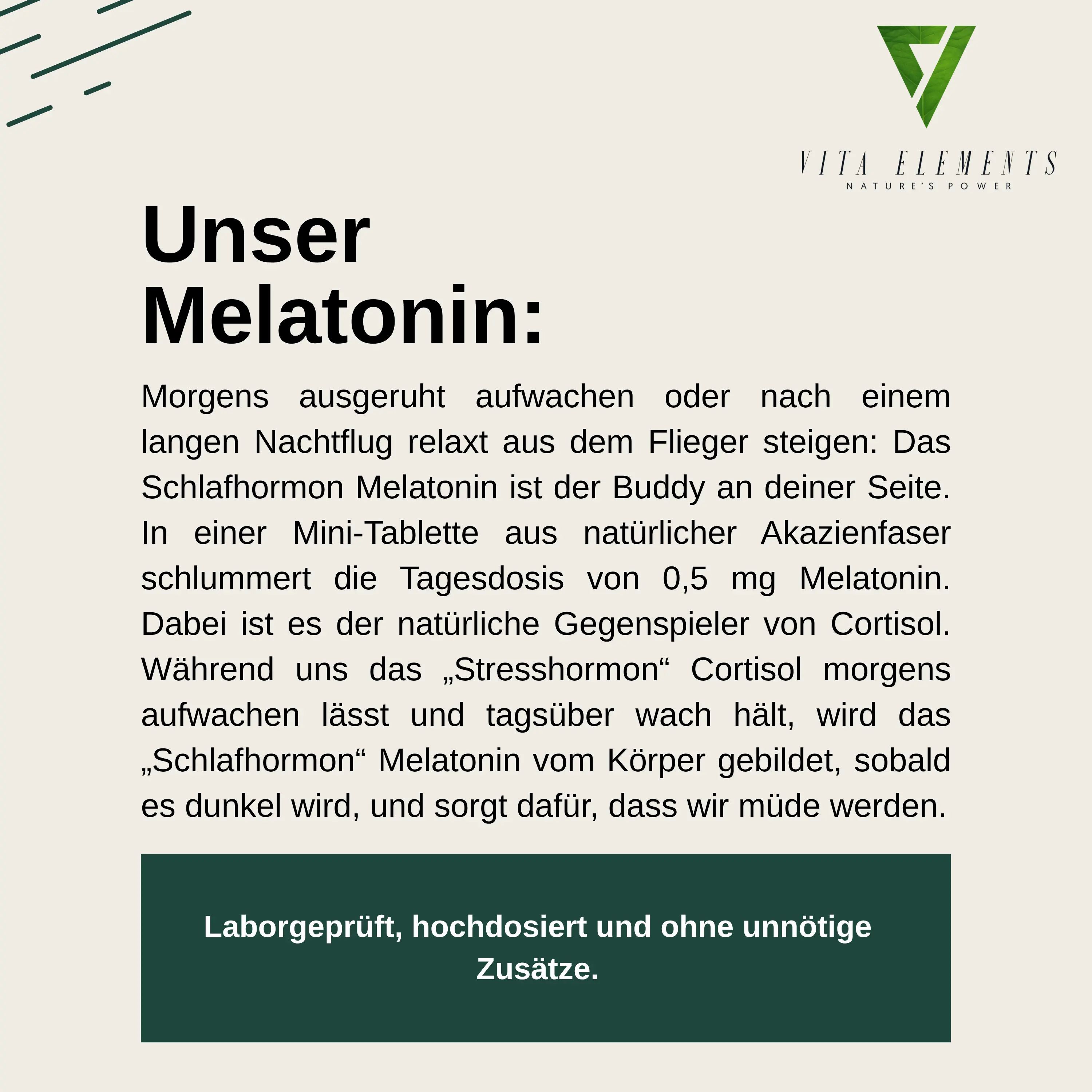 Texte sur la mélatonine : "Notre Mélatonine". Testé en laboratoire, haute dose et sans additifs inutiles.