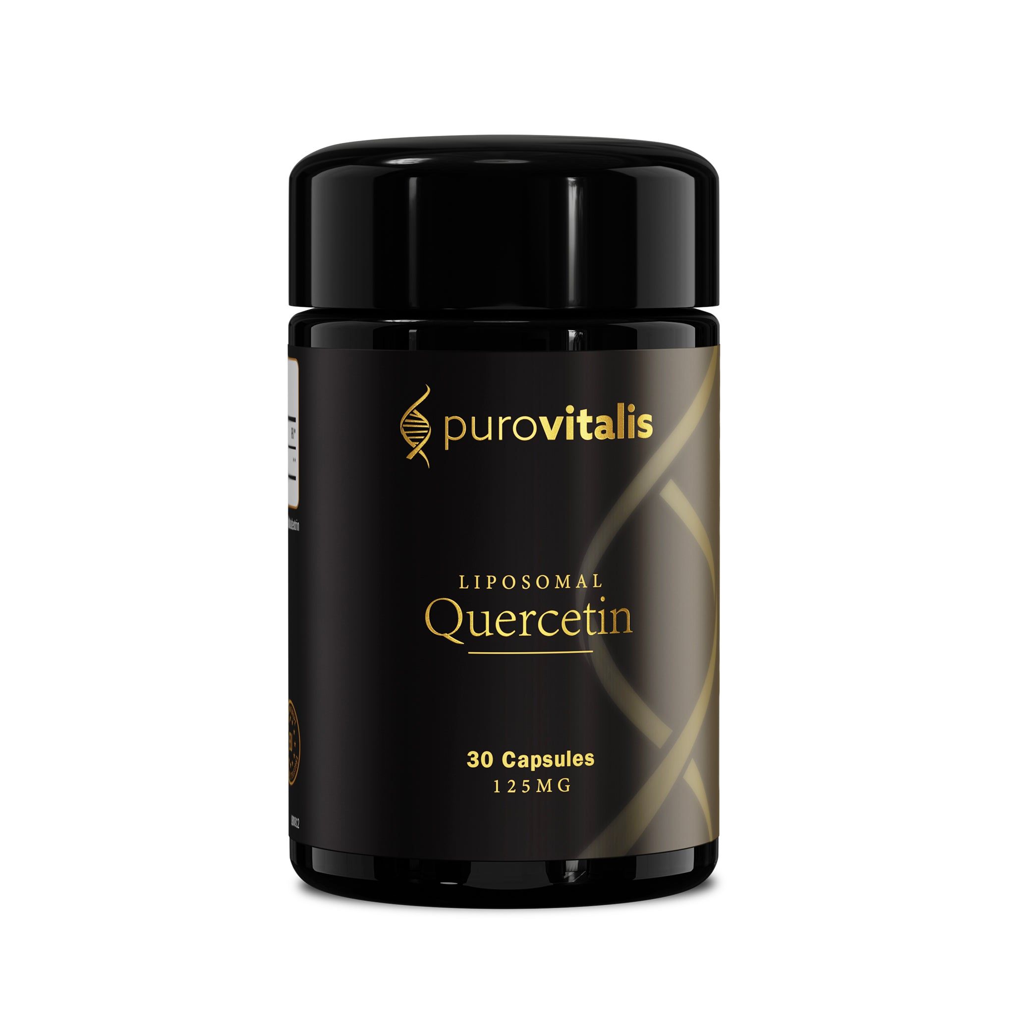 Flacon noir avec étiquette dorée. Inscription : "Liposomales Quercetin", "30 Capsules", "125MG". Marque : Purovitalis.