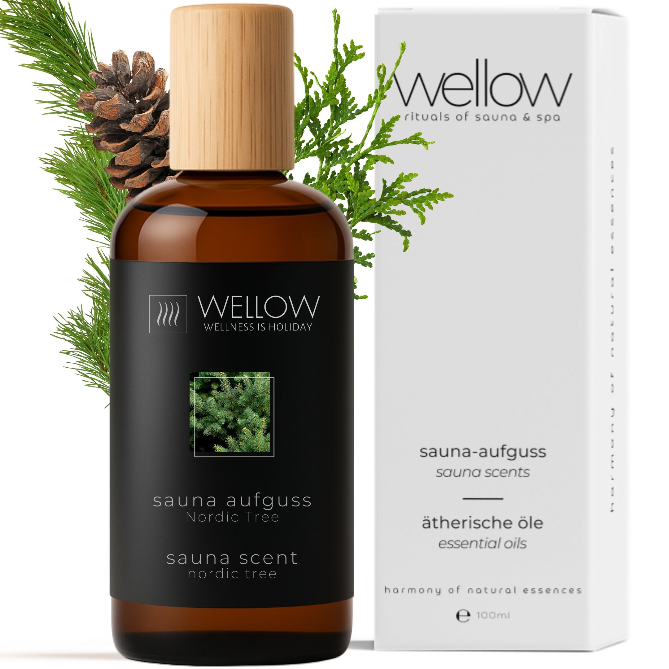 Bruine glazen fles met houten dop en zwart etiket. Daarnaast een witte doos met logo en tekst. Nordic Tree.