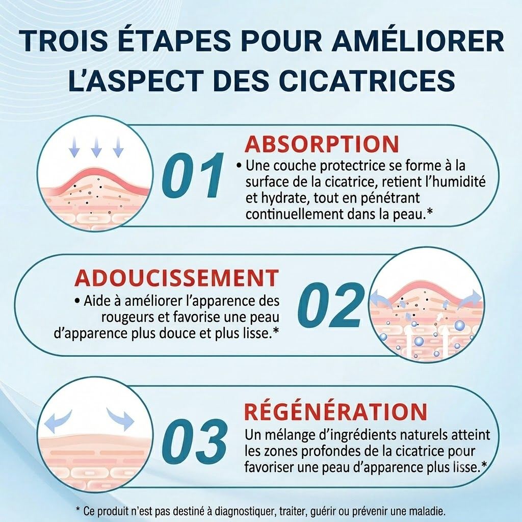 Trois étapes pour améliorer l'aspect des cicatrices : Absorption, Adoucissement, Régénération. Illustration de couches cutanées.